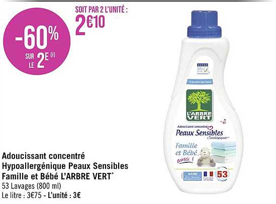 adoucissant concentré hypoallergénique peaux sensibles famille et bébé l'arbre vert