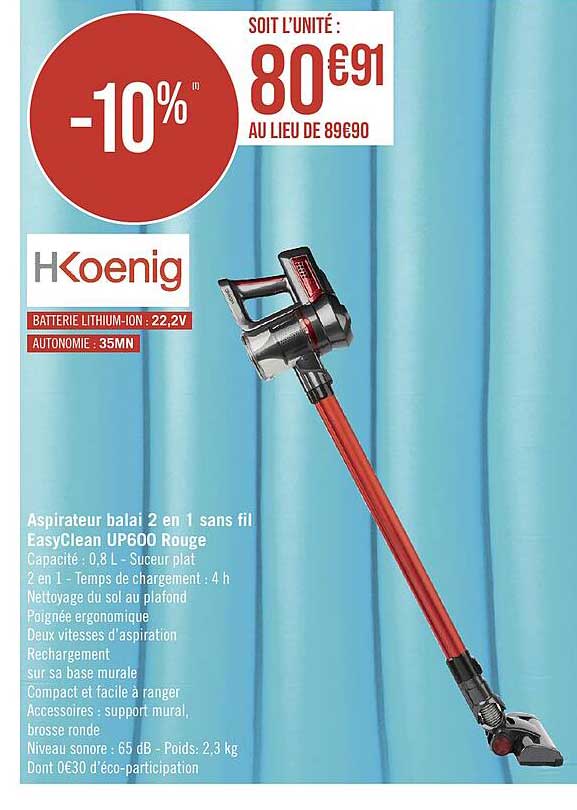 Aspirateur Balai 2 En 1 Sans Fil EasyClean Up600 Rouge Hkoenig