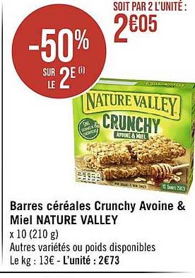barres céréales crunchy avoine & miel nature valley