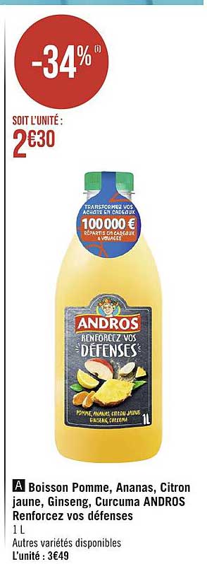 Boisson Pomme, Ananas, Citron Jaune, Ginseng, Curcuma Andros Renforcez Vos Défenses