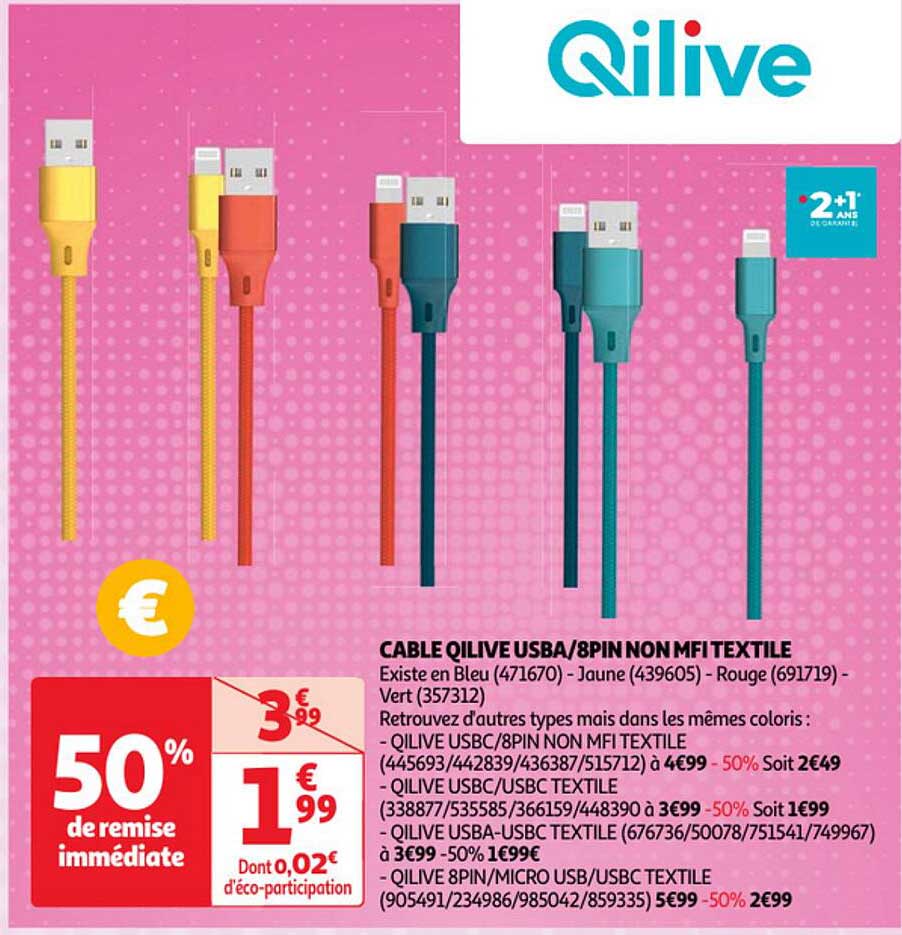 câble qilive usba/8pin non mifi textile
