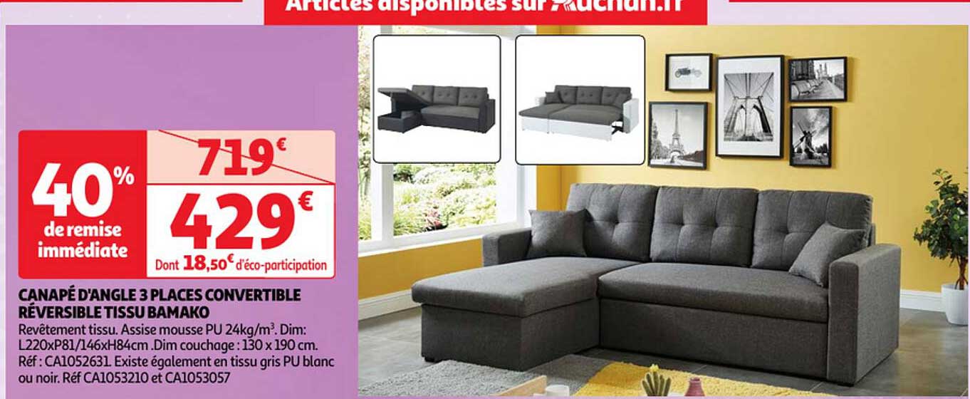 Canapé D'angle 3 Places Convertible Réversible Tissu Bamako