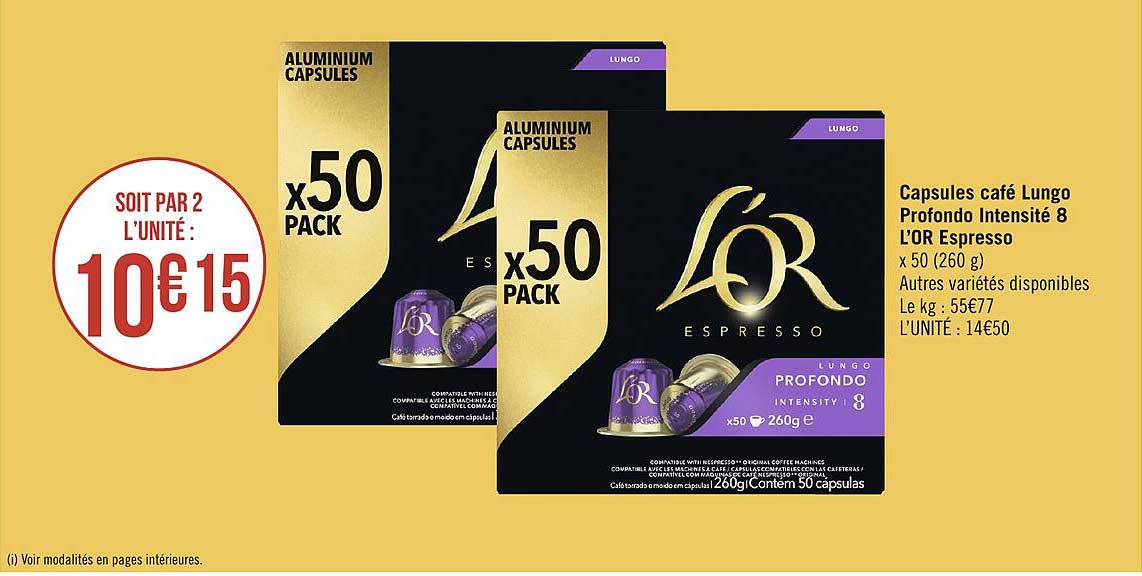 Capsules Café Lungo Profondo Intensité 8 L'or Espress