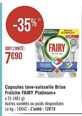 capsules lave-vaisselle brise fraîche fairy platinum+