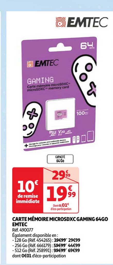 carte mémoire micro sdxc gaming 64go emtec
