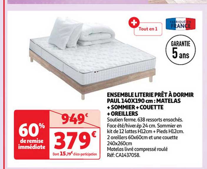 ensemble literie prêt à dormir paul 140 x 190 cm : matelas + sommier + couette + oreillers