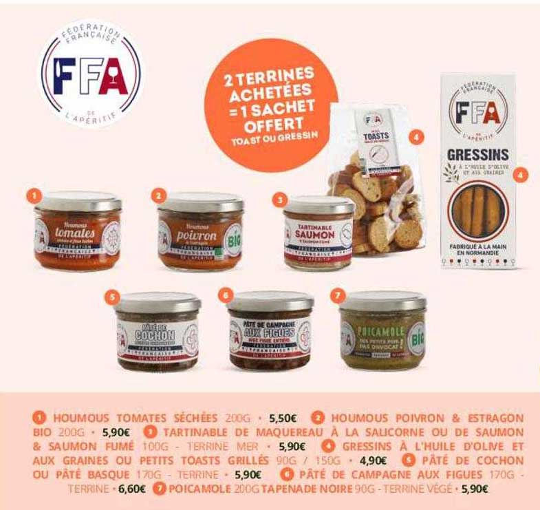 houmous tomates séchées, houmous poivron & istragon bio, tartinable de maquereau à la salicorne ou de saumon & saumon fumé, gressins à l'huile d'olive et aux graines ou petits grillés, pâté de cochon