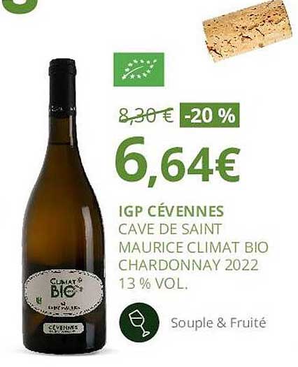 igp cévennes cave de saint maurice climat bio chardonnay 2022 13% vol.