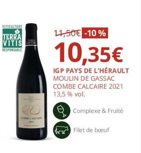 igp pays de l'hérault moulin de gassac combe calcaire 2021 13,5% vol.