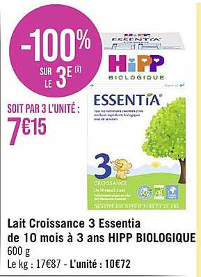 lait croissance 3 essentia de 10 mois à 3 ans hipp biologique