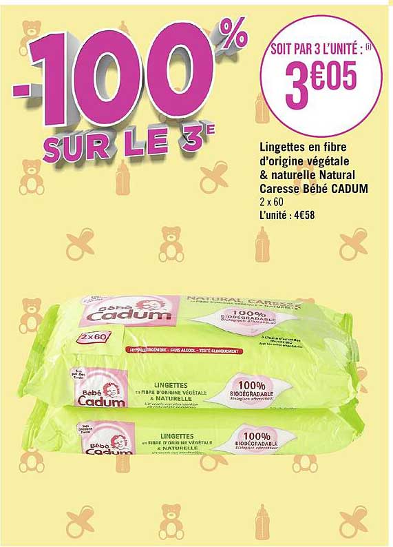 lingettes en fibre d'origine végétale & naturelle natural caresse bébé cadum