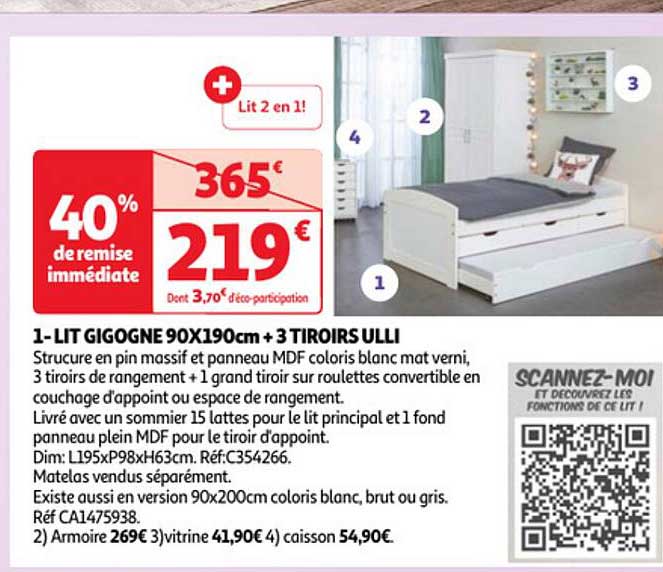 lit gigogne 90 x 190 cm + 3 tiroirs ulli