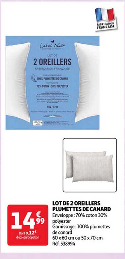 Lot De 2 Oreillers Plumettes De Canard