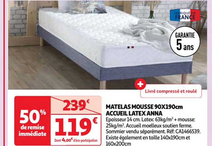 matelas mousse 90 x 190 cm accueil latex anna