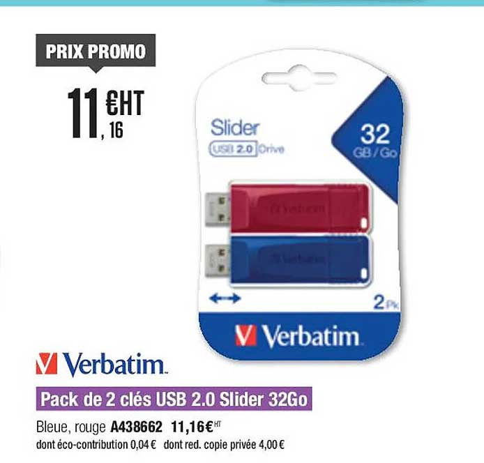pack de 2 clé usb 2.0 slider 32go verbatim