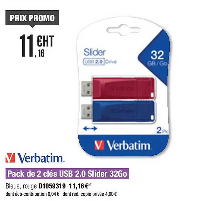 pack de 2 clés usb 2.0 slider 32go verbatim