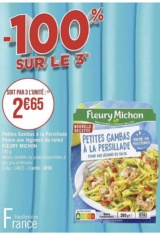 petites gambas à la persillade penne aux légumes du soleil fleury michon