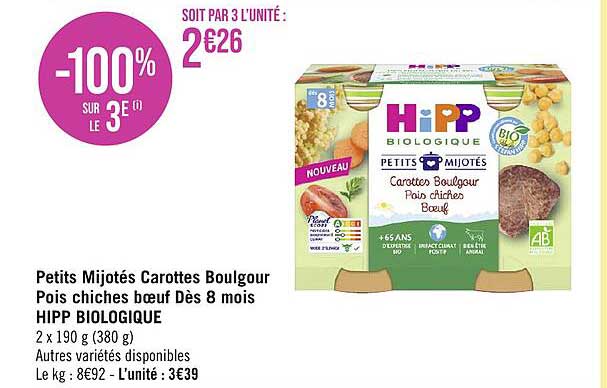 petits mijotés carottes boulgour pois chiches bœuf dès 8 mois hipp biologique