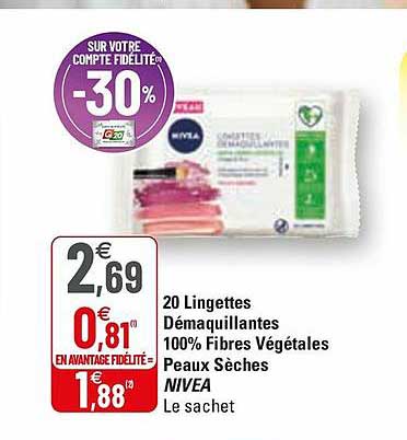 20 lingettes démaquillantes 100% fibres végétales peaux sèches nivea