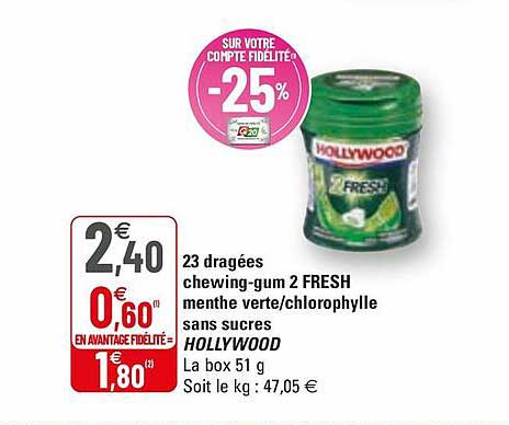 23 dragées chewing-gum 2 fresh menthe verte-chlorophylle sans sucres hollywood