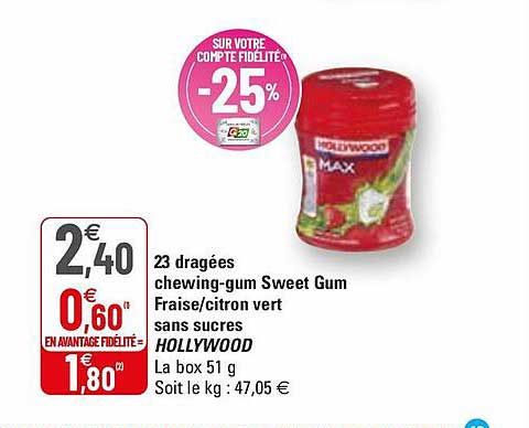 23 dragées chewing-gum sweet gum fraise-citron vert sans sucres hollywood