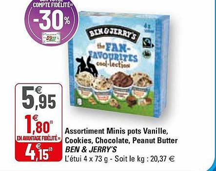 assortiment minis pots vanille, cookies, chocolate, peanut butter ben & jerry's