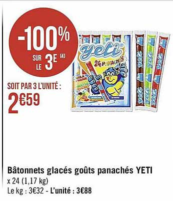 bâtonnets glacés goûts panachés yeti -100% sur le 3e