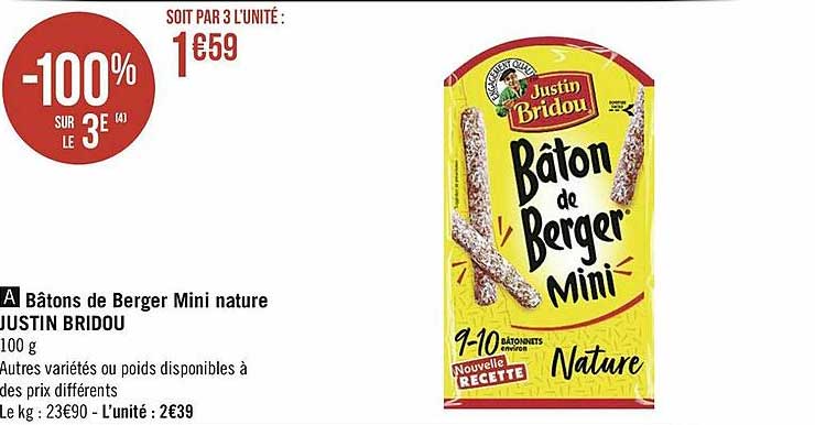 bâtons de berger mini nature justin bridou -100% sur le 3e