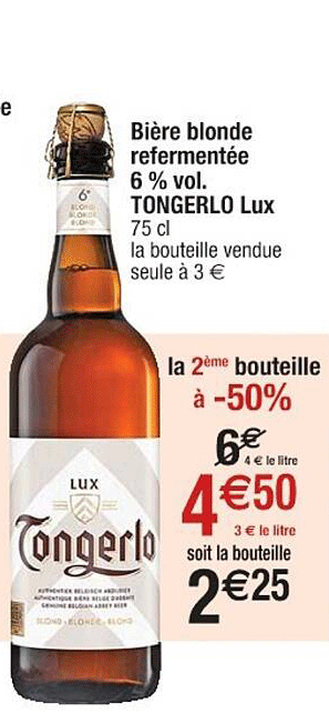 bière blonde refermentée 6% vol. tongerlo lux la 2ème bouteille à 50%