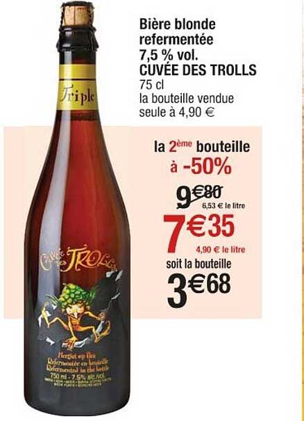 bière blonde refermentée 7.5% vol. cuvée des trolls la 2ème bouteille à 50%