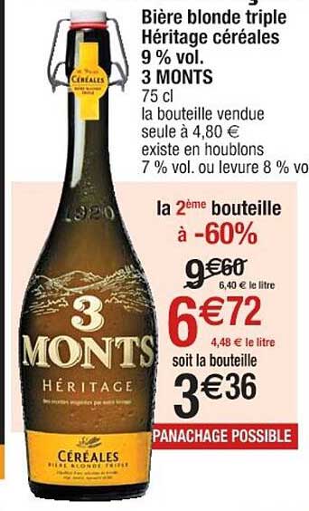 bière blonde triple héritage céréales 9% vol. 3 monts la 2ème bouteille à 60%