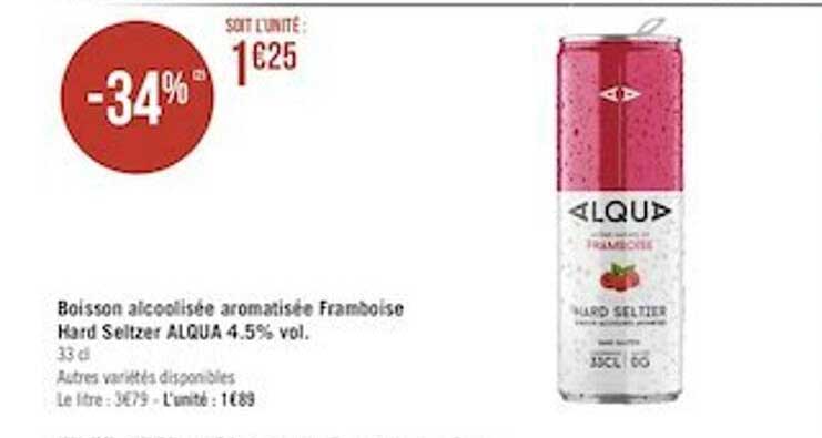 boisson alcoolisée aromatisée framboise hard seltzer alqua 4.5% vol.