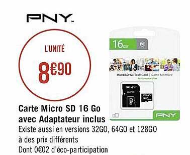 carte micro sd 16 go avec adapteur inclus pny
