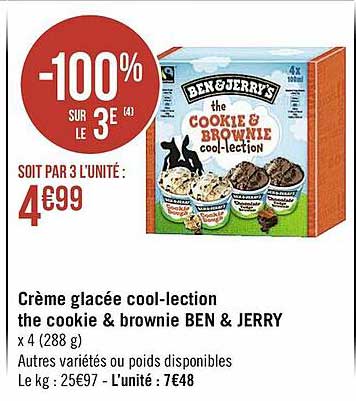 crème glacée cool-lection the cookie & brownie ben & jerry -100% sur le 3e
