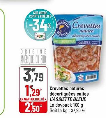 crevettes natures décortiquées cuites l'assiette bleue