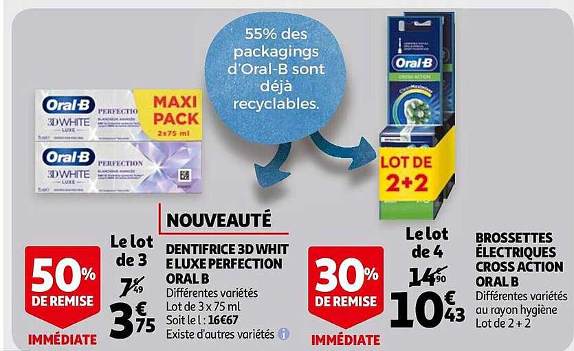 dentifrice 3d white luxe perfection oral b, brossettes électriques cross action oral b