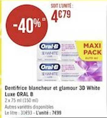 dentifrice blancheur et glamour 3d white luxe oral b