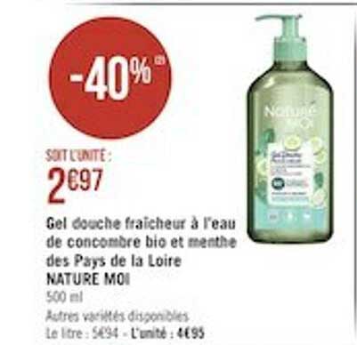 gel douche fraîcheur à l'eau de concombre bio et menthe des pays de la loire naturé moi
