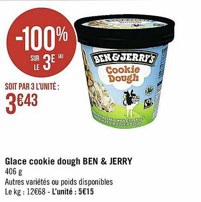 glace cookie dough ben & jerry -100% sur le 3e