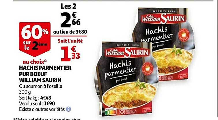 hachis parmentier pur boeuf william saurin -60% sur le 2ème au choix