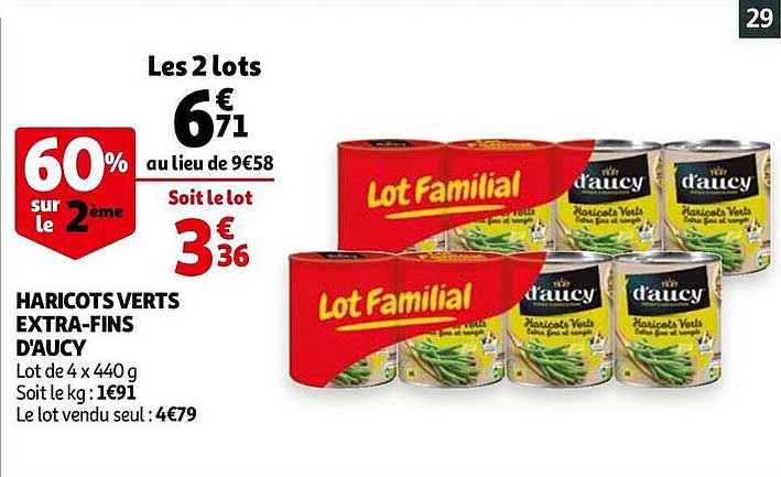 haricots verts extra-fins d'aucy -60% sur le 2ème