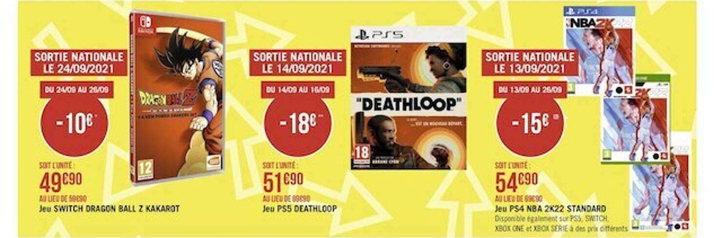 jeu switch dragon ball z kakarot, jeu ps5 deathloop, jeu ps4 nba 2k22 standard