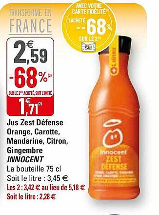 jus zest défense orange, carotte, mandarine, citron, gingembre innocent