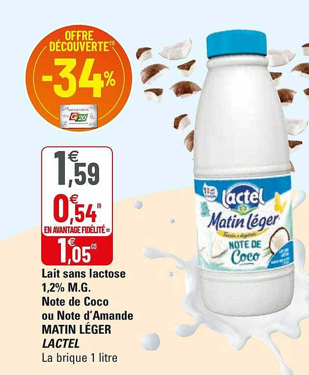 lait sans lactose 1,2% m.g. note de coco ou note d'amande matin léger lactel