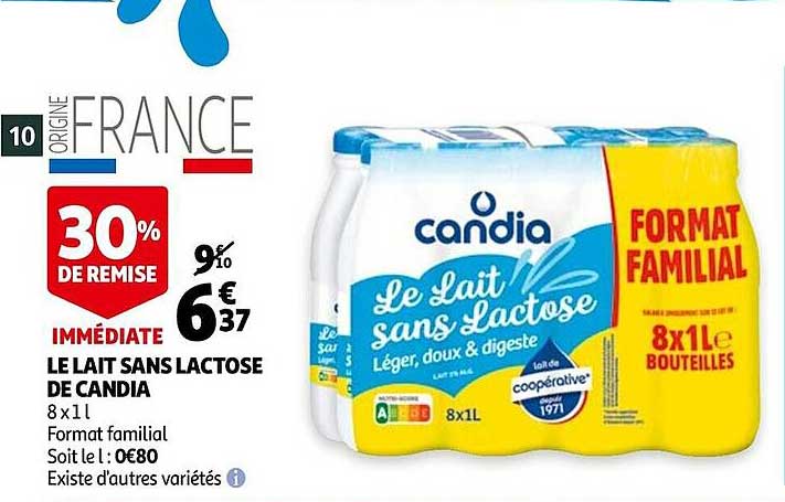 le lait sans lactose de candia 30% de remise immédiate