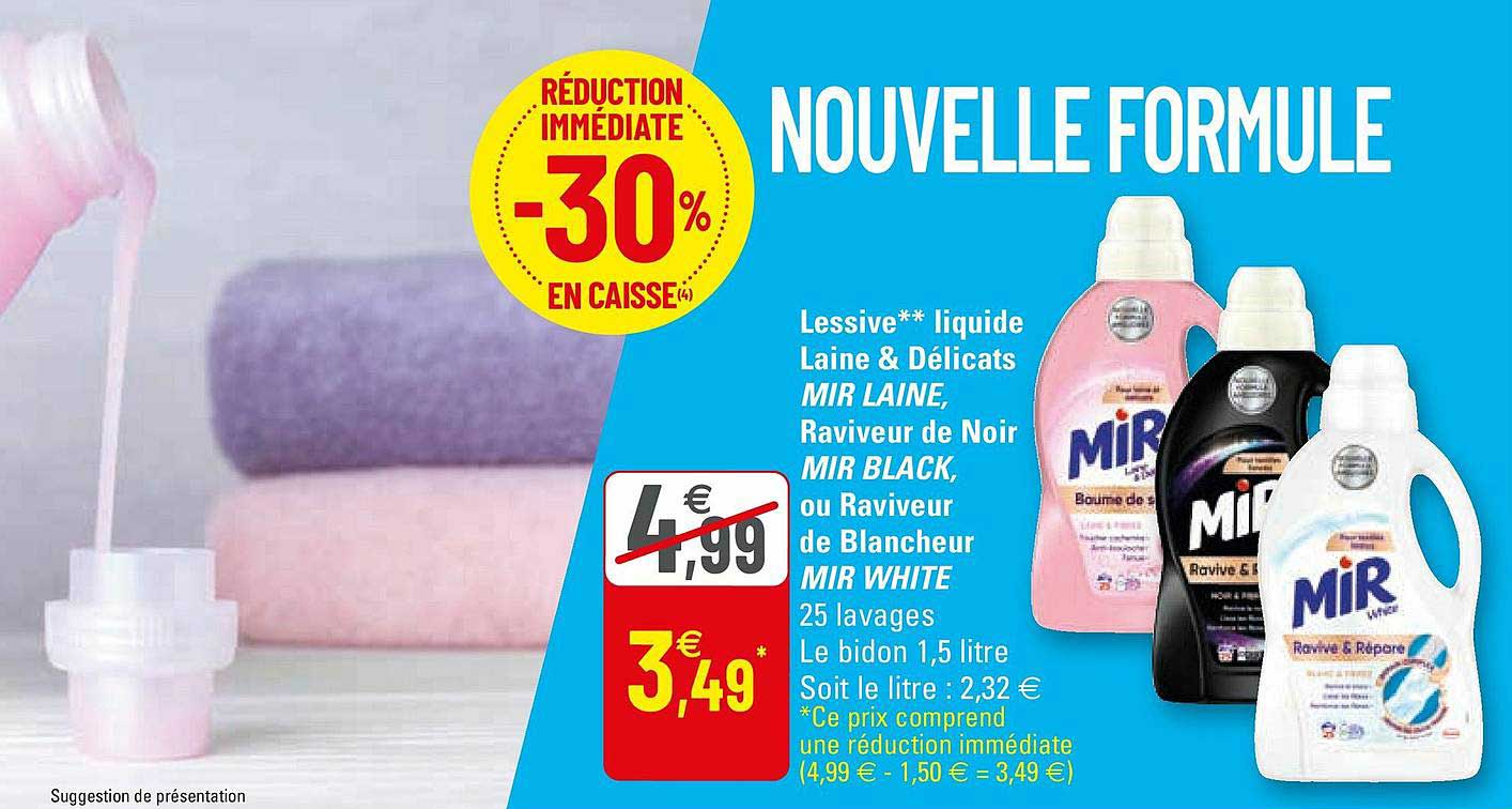 lessive ** liquide laine & délicats mir laine, raviveur de noir mir black, ou raviveur de blancheur mir white