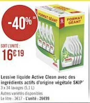 Lessive Liquide Active Clean Avec Des Ingrédients Actifs D'origine Végétale Skip