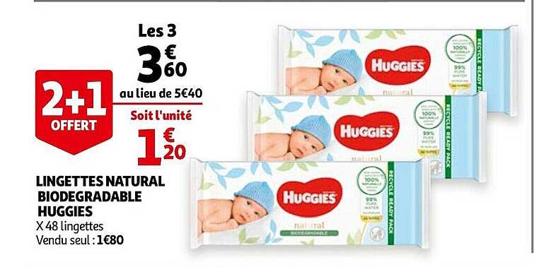 lingettes natural biodegradable huggies 2+1 offert