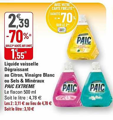 liquide vaisselle dégraissant au citron, vinaigre blanc ou sels & minéraux paic extrême