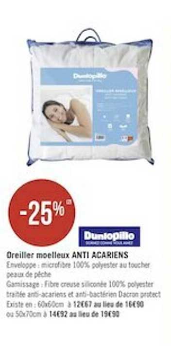 oreiller moelleux anti acariens dunlopillo